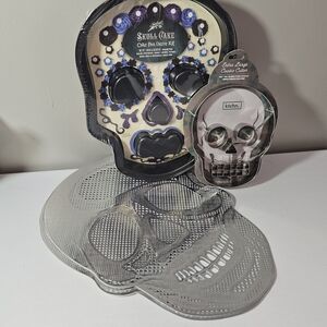 NWT Skull Cake Pan, Skull Cookie Cutter, 2 Scull Silver Place Mats.